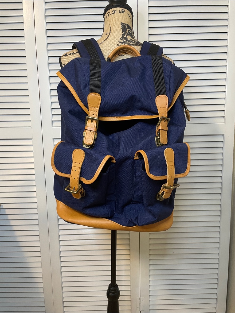 L.L. Bean Navy Backpack with Tan Leather Trim and Front Pockets